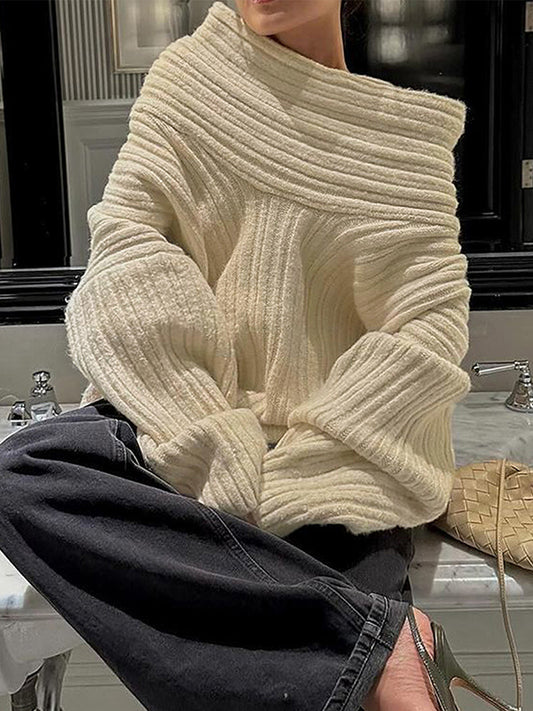 Long Sleeves Loose Solid Color Split-Joint Off-The-Shoulder Pullovers Sweater Tops