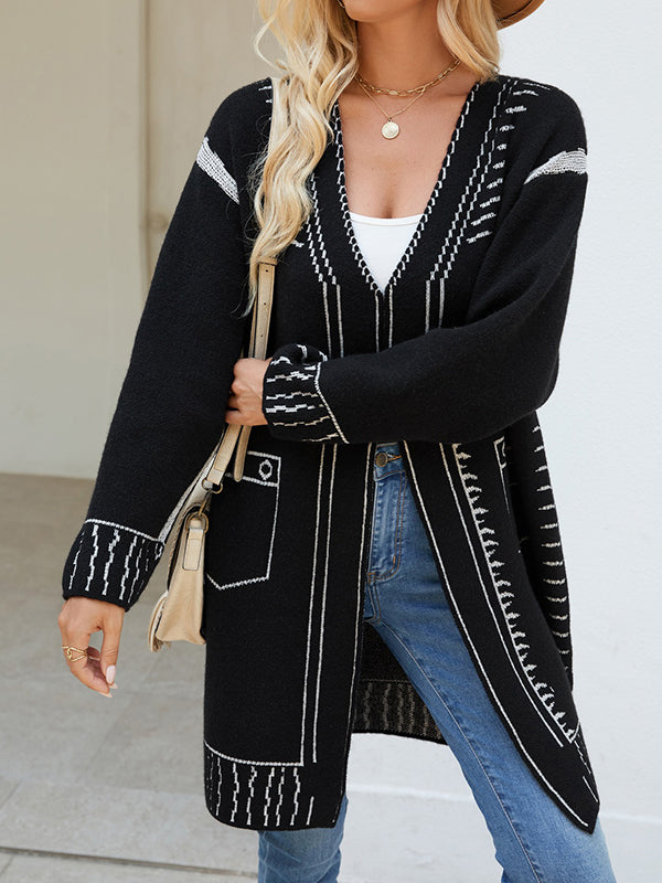 Long Sleeves Loose Jacquard Split-Joint V-Neck Cardigan Tops