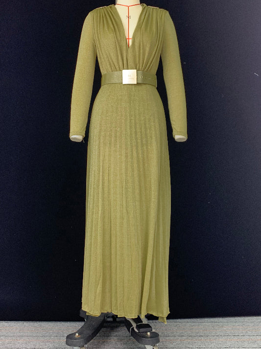 Long Sleeves Wrap Belted Pleated Solid Color Split-Side V-Neck Evening Dresses Maxi Dresses