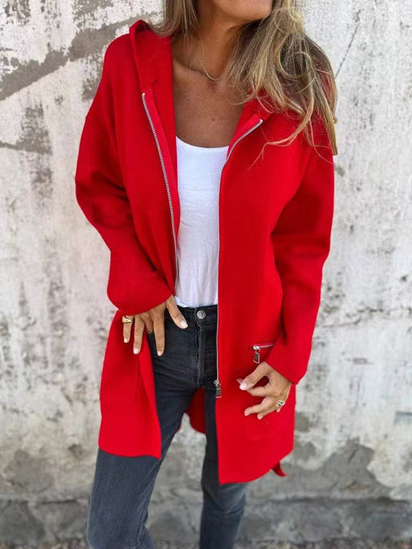 Hooded Long Sleeves Pockets Solid Color Split-Joint Zipper Outerwear