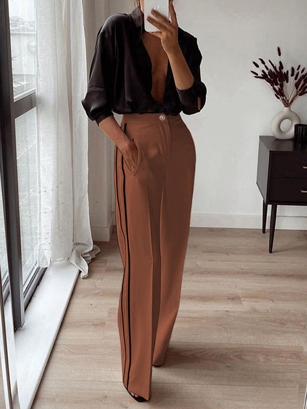 High Waisted Loose Pockets Striped Suit Pants Trousers