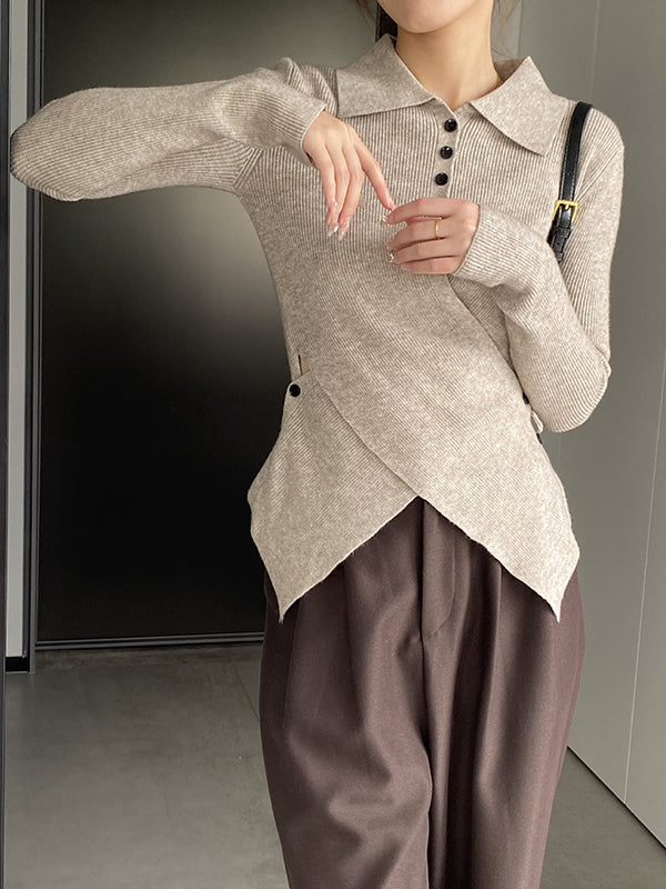 Long Sleeves Skinny Asymmetric Buttoned Hollow Lapel Knitwear Pullovers Sweater