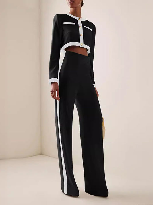 Long Sleeves Buttoned Split-Joint Round-Neck Blouses&Shirts Tops + High Waisted Pants Bottom Two Pieces Set