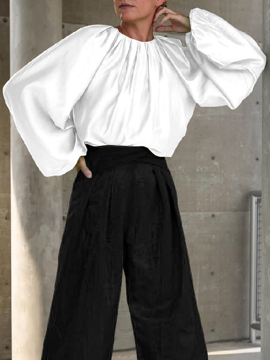 Contrast Color Round-Neck Puff Sleeves Blouse Top + Wide Leg Pants Two Pieces Set