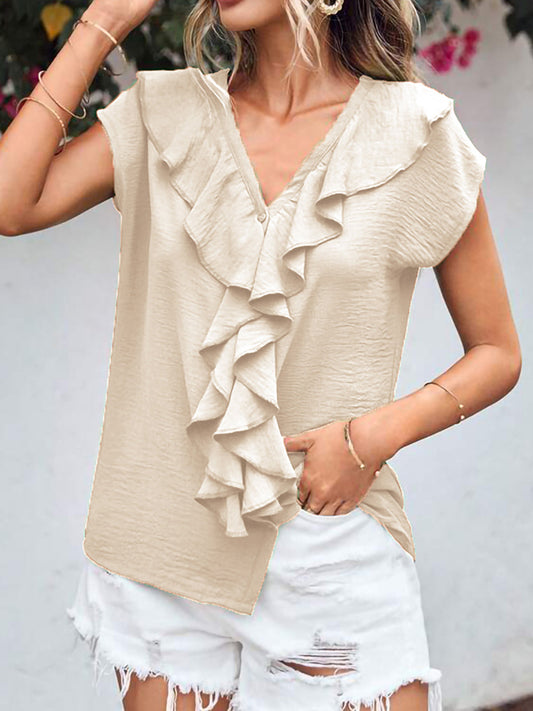 Batwing Sleeves Loose Ruffle Trim Solid Color V-Neck Blouses&Shirts Tops