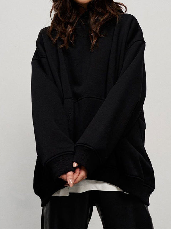 Long Sleeves Loose Pockets Solid Color Velvet Hooded Hoodies Tops