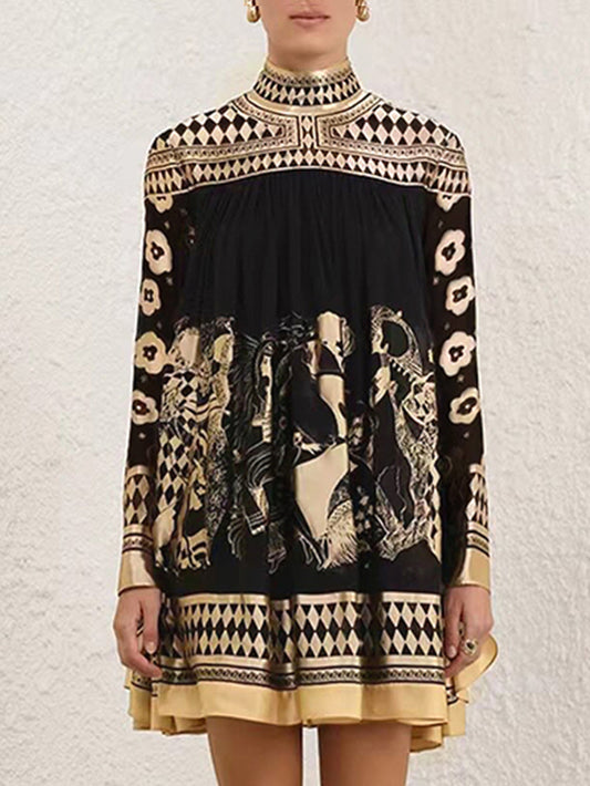 A-Line Long Sleeves Bronzing Printed Split-Joint Mock Neck Mini Dresses