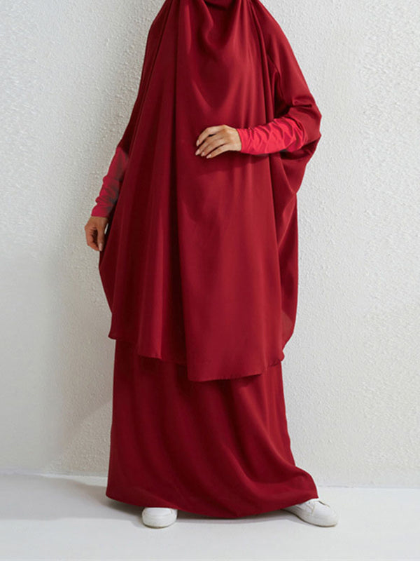 Batwing Sleeves Long Sleeves Muslim Solid Color High Neck Shirts Top + Skirts Bottom Two Pieces Set