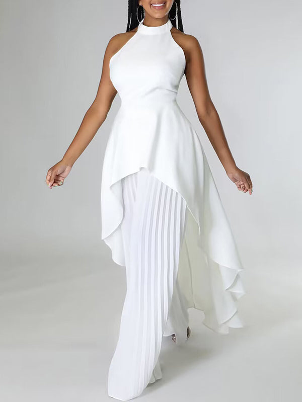 High-Low Loose Backless Lacy Solid Color Halter-Neck Suits