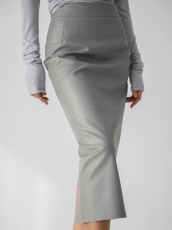 Skinny Solid Color Split-Back Split-Joint PU Skirts