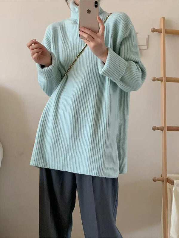 Long Sleeves Loose Solid Color Split-Joint Split-Side High Neck Sweater