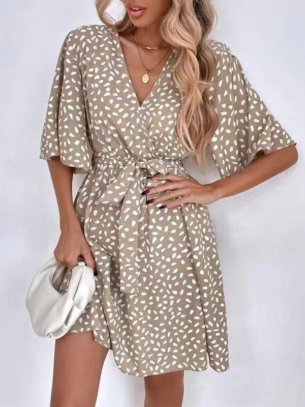 Half Sleeves Loose Pleated Printed Ruffled Tied Waist V-Neck Mini Dresses