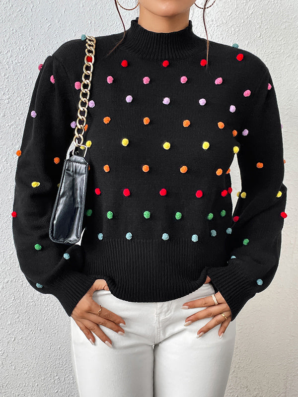 Long Sleeves Loose Pompom Triming Round-Neck Knitwear Pullovers Sweater Tops