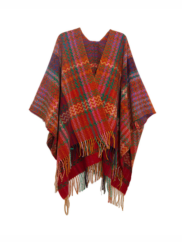 High-Low Long Sleeves Keep Warm Split-Side Tasseled Shawl&Scarf