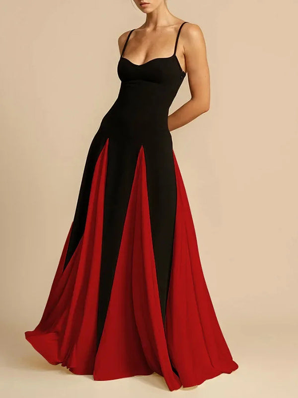 A-Line Sleeveless Contrast Color Pleated Split-Joint Spaghetti-Neck Evening Dresses Maxi Dresses