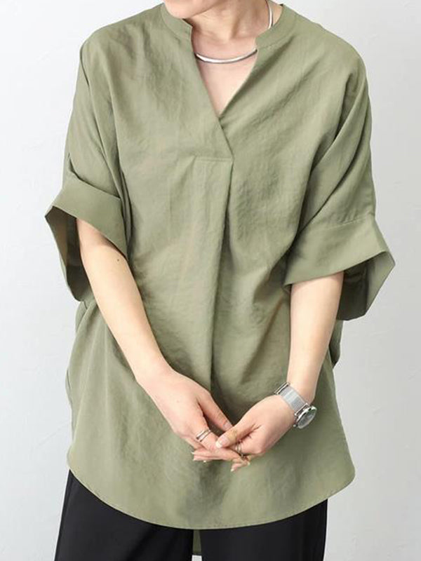 Half Sleeves High-Low Pleated Solid Color Split-Joint V-Neck Blouses&Shirts Tops
