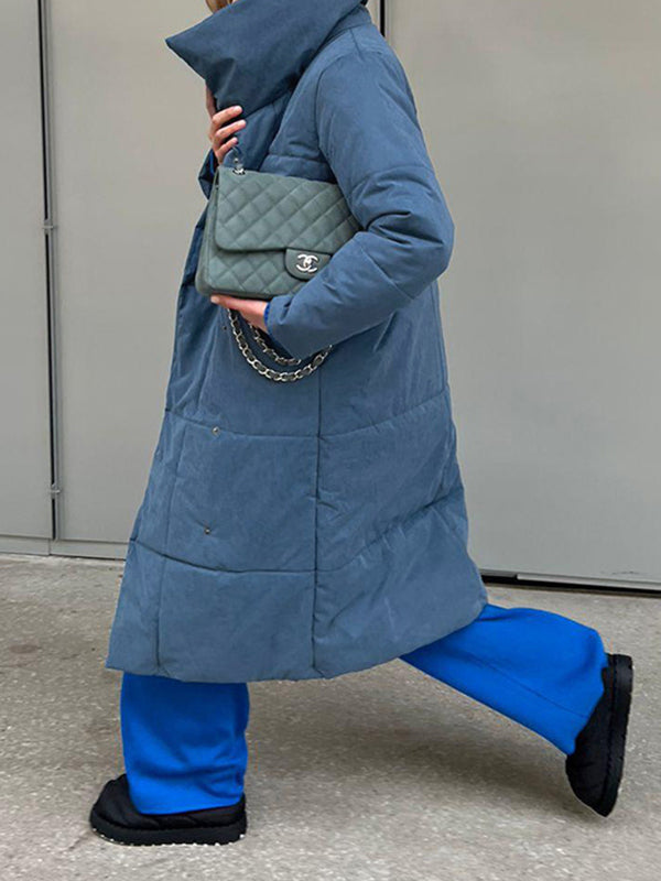 Long Sleeves Loose Split-Joint Tied Waist Lapel Padded Coat