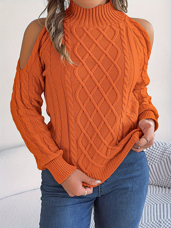Long Sleeves Loose Hollow Solid Color Cold Shoulder Pullovers Sweater Tops