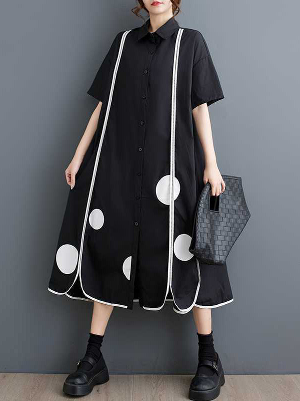 A-Line Half Sleeves Buttoned Pockets Polka-Dot Split-Front Split-Joint Lapel Midi Dresses Shirt Dress