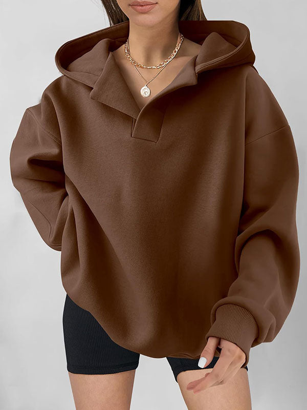 Loose Puff Sleeves Solid Color Split-Joint Hooded Hoodies Tops