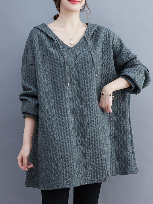 Hooded Long Sleeves Drawstring Jacquard Solid Color Split-Joint Hoodies Tops