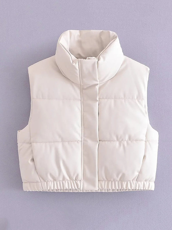 Skinny Sleeveless Drawstring Elasticity Solid Color Split-Joint Zipper Stand Collar Padded Vest