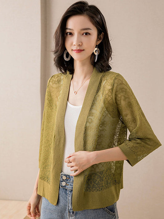 Vintage Solid Color Knitting Jacquard Hollow Cardigan Top