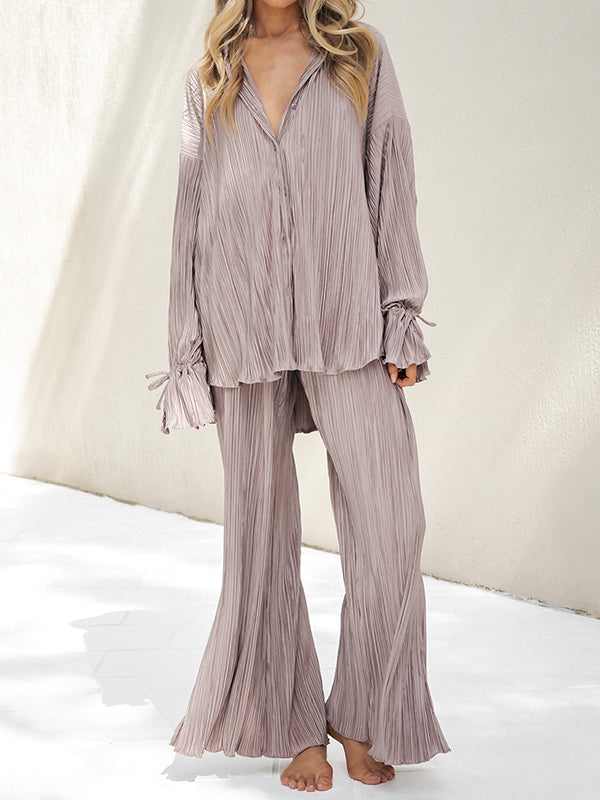 Flared Sleeves Long Sleeves Buttoned Drawstring Pleated Solid Color Split-Side Lapel Shirts Top + Pants Bottom Pajama Sets