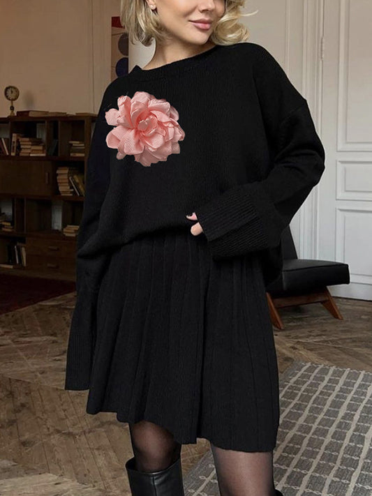 Long Sleeves Loose Flower Shape Split-Joint Round-Neck Sweater Tops