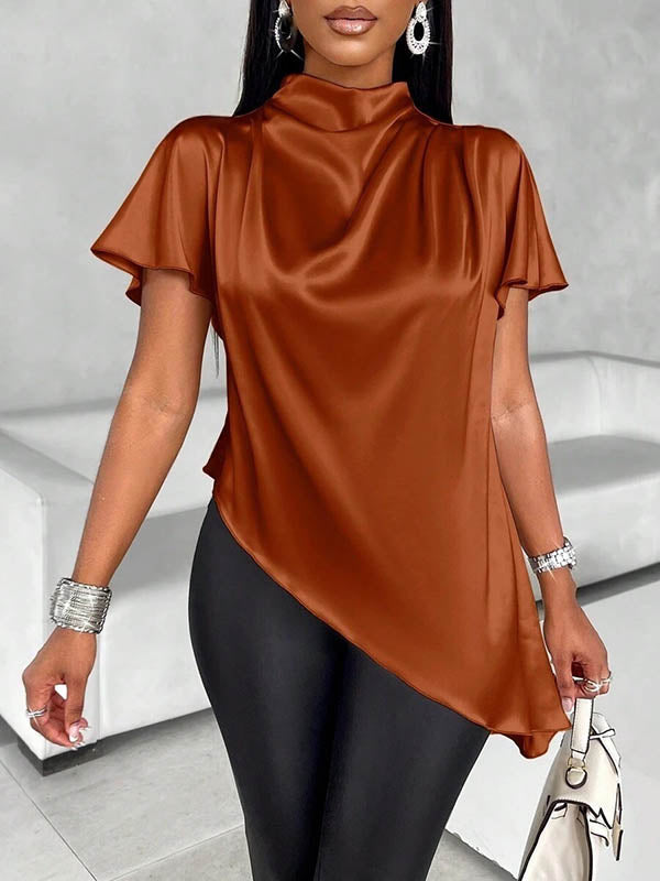 Loose Short Sleeves Asymmetric Solid Color Mock Neck Blouses&Shirts Tops