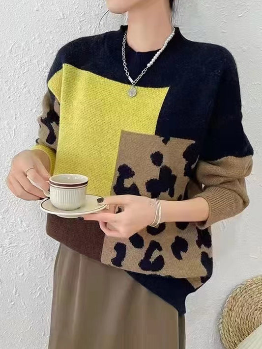 Long Sleeves Loose Contrast Color Leopard Split-Joint Round-Neck Pullovers Sweater Tops