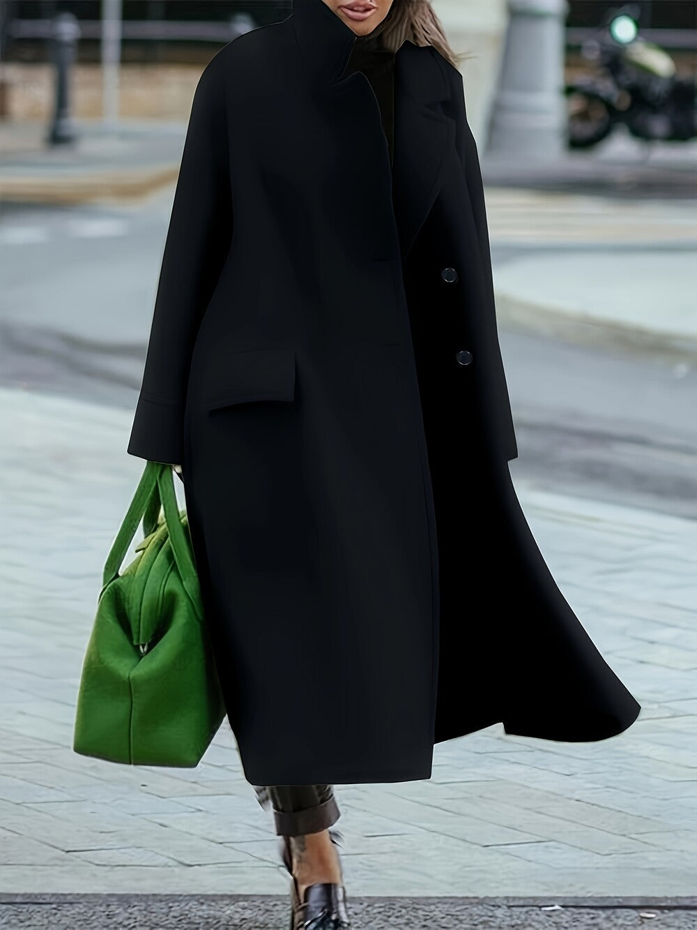 Long Sleeves Loose Buttoned Pockets Solid Color Split-Joint Stand Collar Woolen Coat