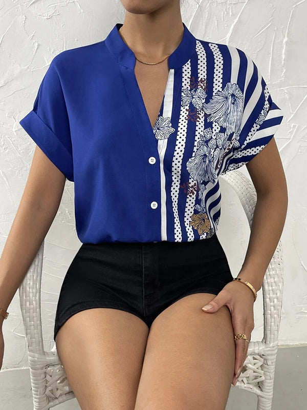 Loose Short Sleeves Buttoned Contrast Color Flower Print Striped V-Neck Blouses&Shirts Tops