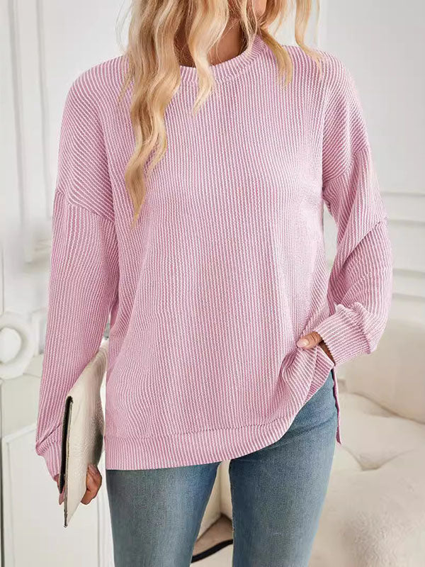 High-Low Long Sleeves Pleated Solid Color Split-Joint Split-Side Round-Neck Sweatershirt