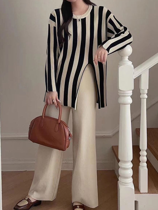 Long Sleeves Loose Pleated Split-Front Striped Round-Neck T-Shirt Top + Pants Bottom Two Pieces Set