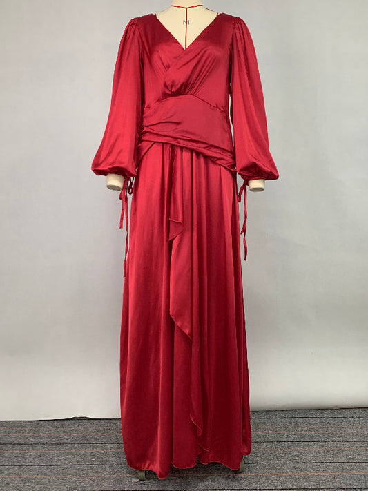 Look-Thin Pleated Solid Color V-Cut Long Sleeves Maxi Dresses