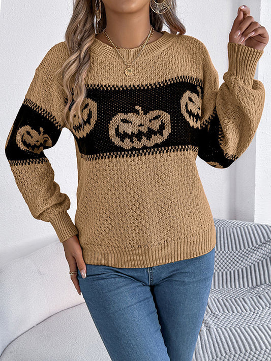 Long Sleeves Loose Contrast Color Split-Joint Round-Neck Pullovers Sweater Tops