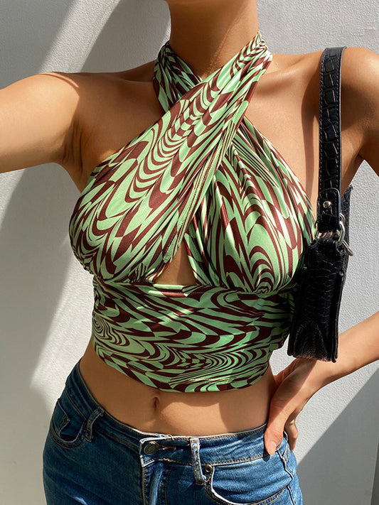 Skinny Sleeveless Backless Hollow Printed Halter-Neck Vest Top