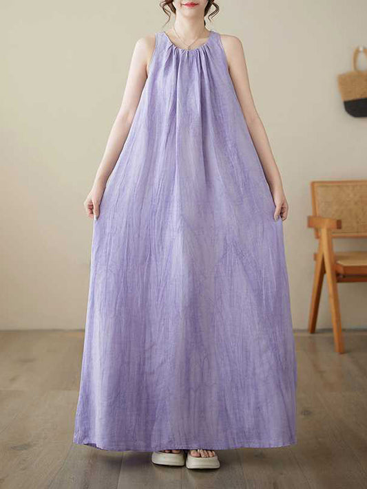 A-Line Loose Pleated Solid Color Round-Neck Midi Dresses