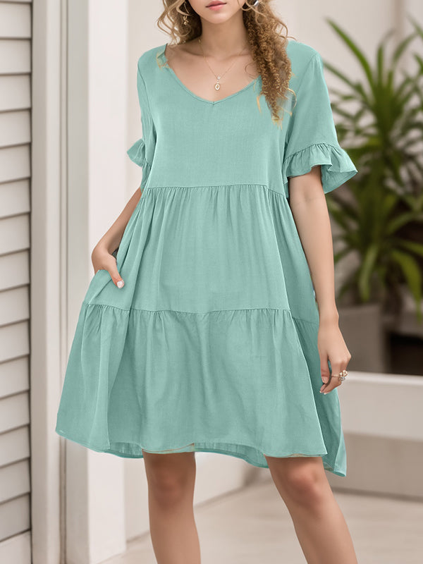 A-Line Flared Sleeves Pleated Pockets Ruffled Solid Color Split-Joint Round-Neck Mini Dresses