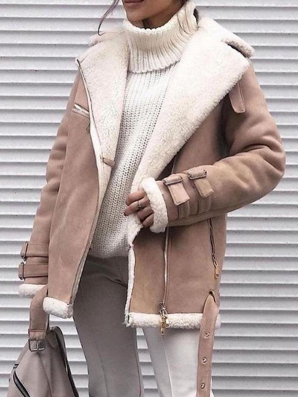 Long Sleeves Loose Buckle Keep Warm Pockets Split-Joint Velvet Zipper Notched Collar Outerwear