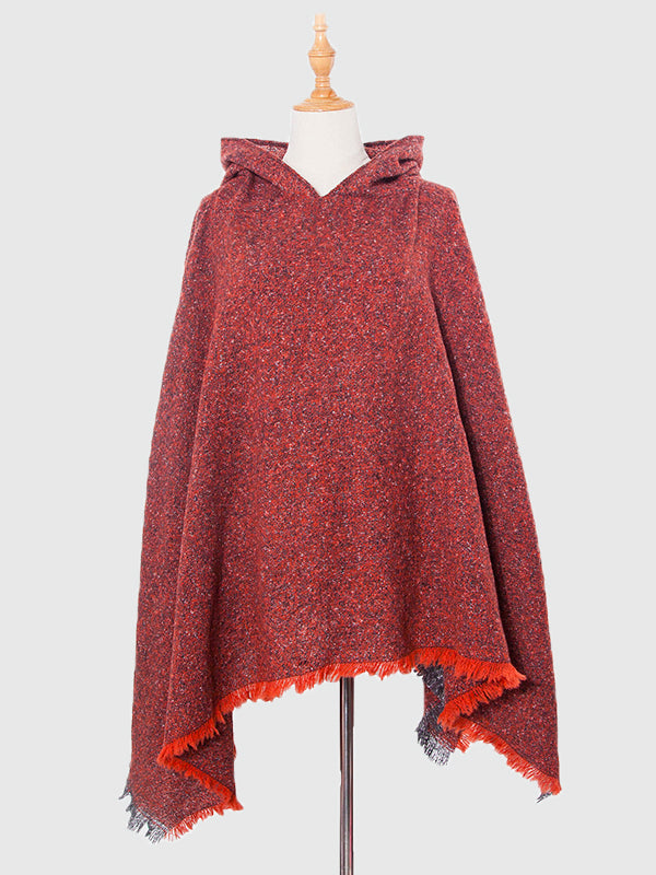 Fringed Hooded Keep Warm Solid Color Cape Shawl&Cloak