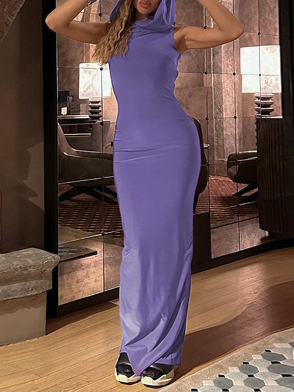 Bodycon High Waisted Hooded Solid Color Split-Back Maxi Dresses