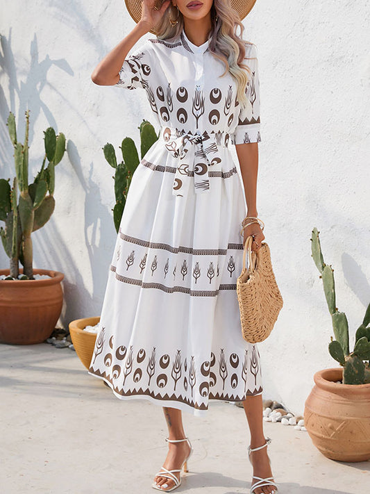 A-Line Half Sleeves Buttoned Tied Waist Lapel Midi Dresses