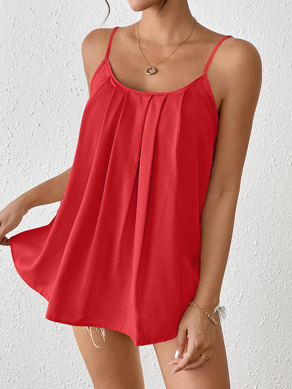 Loose Sleeveless Pleated Solid Color Spaghetti-Neck Vest Top
