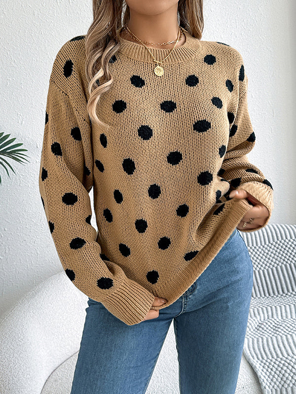 Long Sleeves Loose Contrast Color Polka-Dot Round-Neck Pullovers Sweater Tops