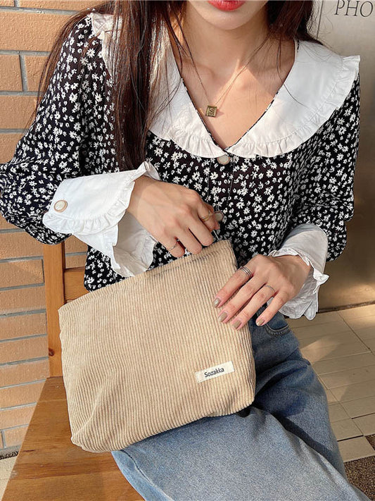 8 Colors Vintage Solid Color Corduroy Makeup Handbag