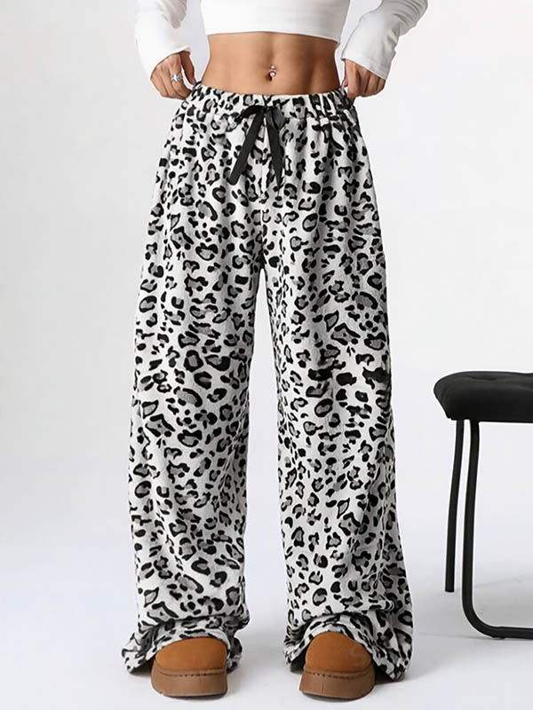Loose Wide Leg Drawstring Elasticity Leopard Split-Joint Pants Trousers