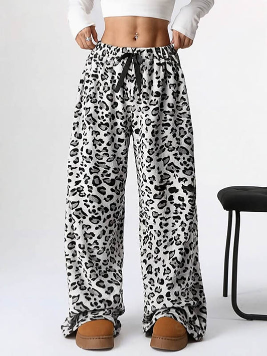 Loose Wide Leg Drawstring Elasticity Leopard Split-Joint Pants Trousers