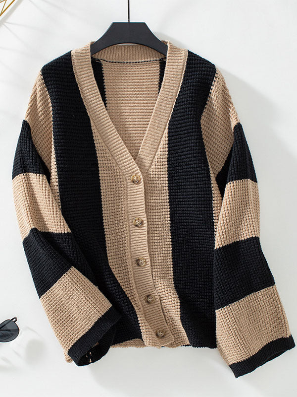 Long Sleeves Loose Buttoned Contrast Color Split-Joint Striped V-Neck Cardigan Tops